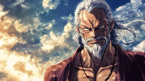 Scarred anime warrior gazes into a blazing, storm-lit sky