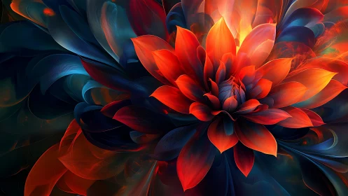 Luminous abstract flower bloom in vivid red and teal light.