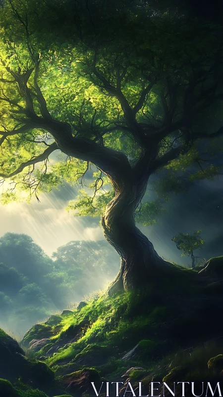 Curved tree stands on a mossy slope under directional sunlight