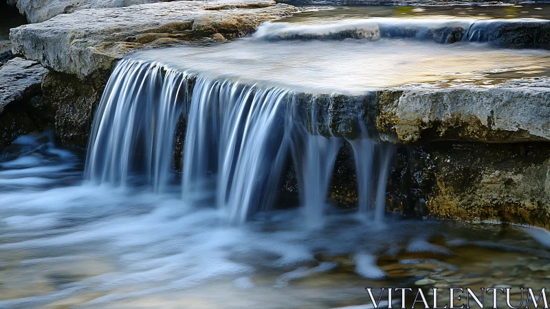 Serene natural stone waterfall captured in soft, flowing motion.