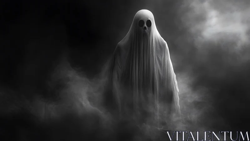 Shrouded specter draped in fog, staring through hollow midnight eyes.