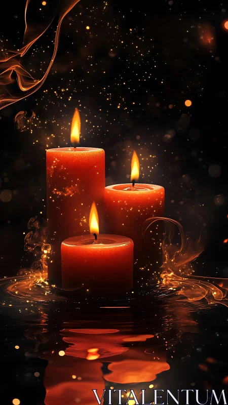 Three Red Candles with Luminous Sparks and Reflections.