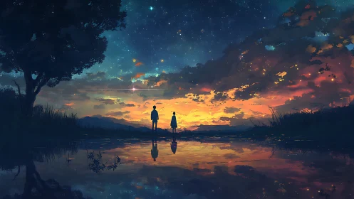 Two figures stand by reflective water under vivid dusk sky