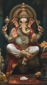 Lord Ganesha seated on ornate throne with ritual offerings.