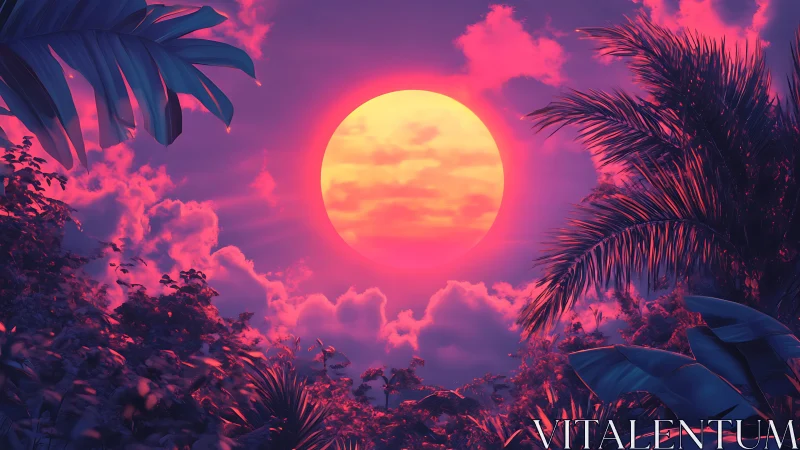 Neon jungle hushes while a colossal candy sun ignites dusk