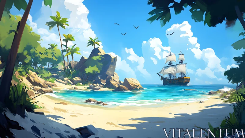 Tropical Paradise: Galleon Sails Golden Waters.
