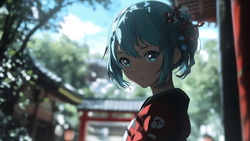 Soft blue haired girl pausing in a sunlit shrine garden.
