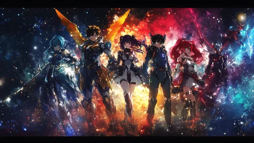 Armored anime squad framed by vivid cosmic nebulae.