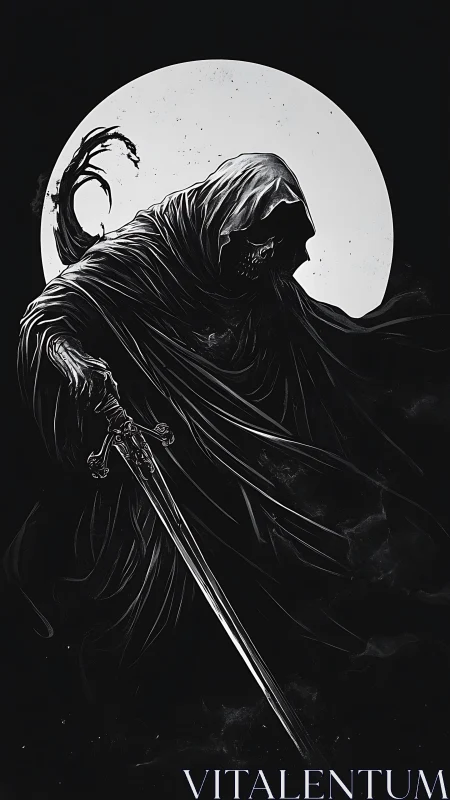 Hooded skeletal reaper with sword before full white moon.
