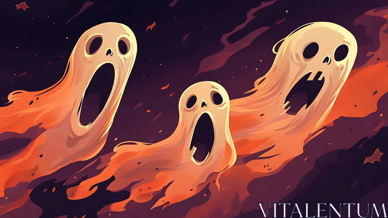 Flaming spectral comets with expressive stretched skull masks.