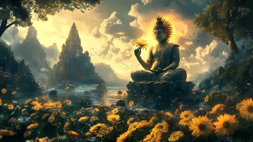 Enlightened Buddha rests amid radiant sunlit lotus blossoms.