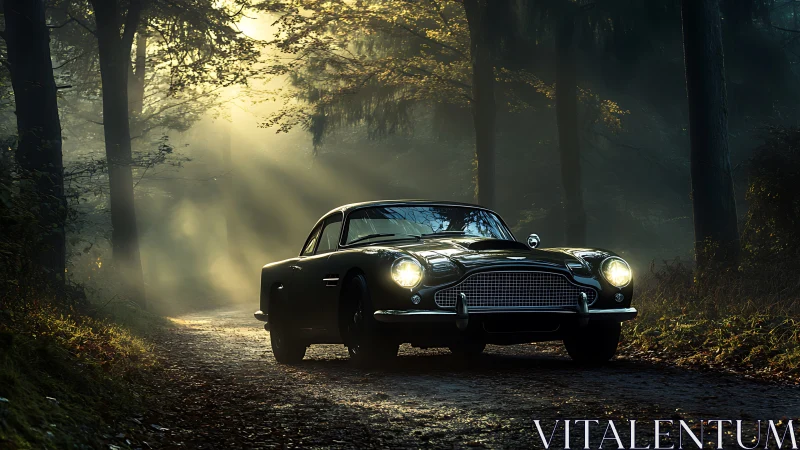 Classic black sports car on misty forest dirt road at dawn.