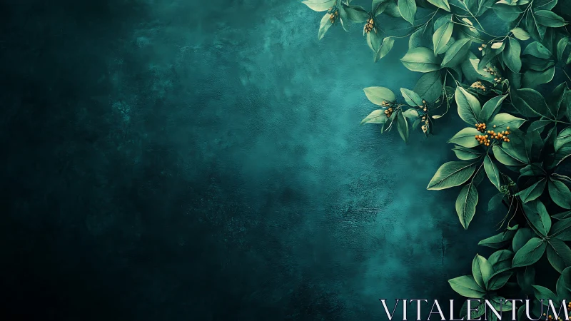 Dark teal textured wall with leafy botanical border.