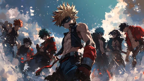 Dynamic anime squad in high-impact cinematic composition.