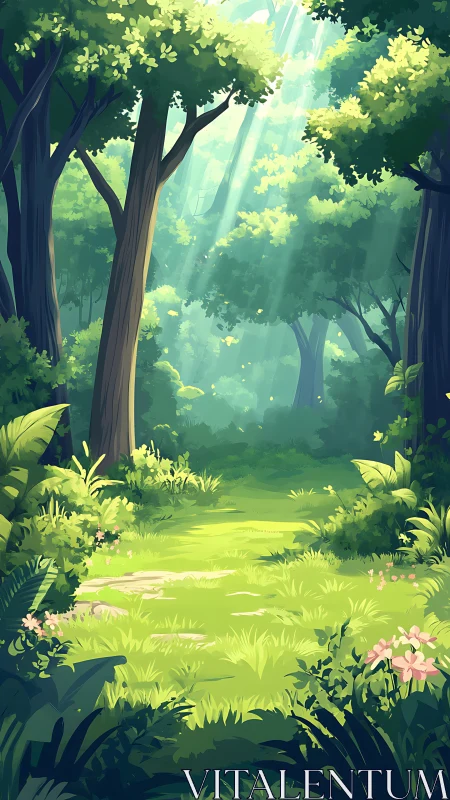 Sunlit Forest Sanctuary With Gentle Light and Verdant Blooms.