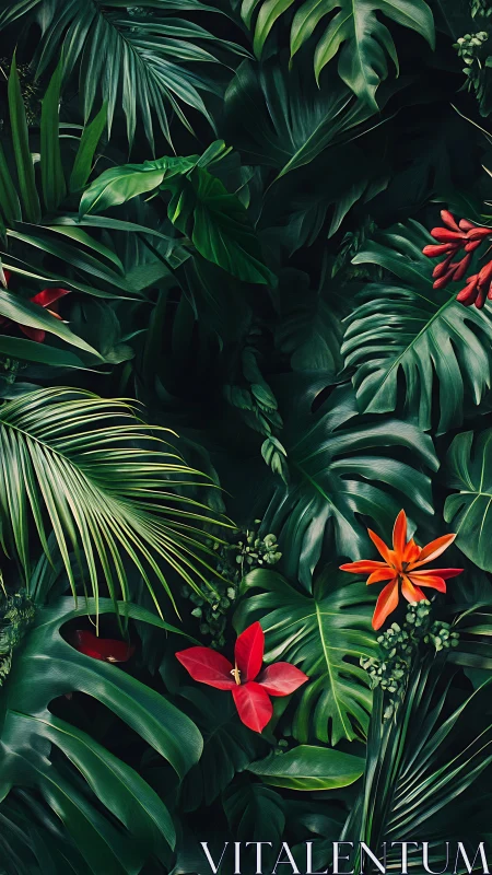Dense tropical foliage fills the frame in layered composition