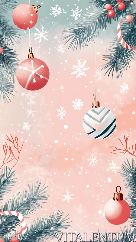 Vertical holiday ornament layout shows stylized fir branches