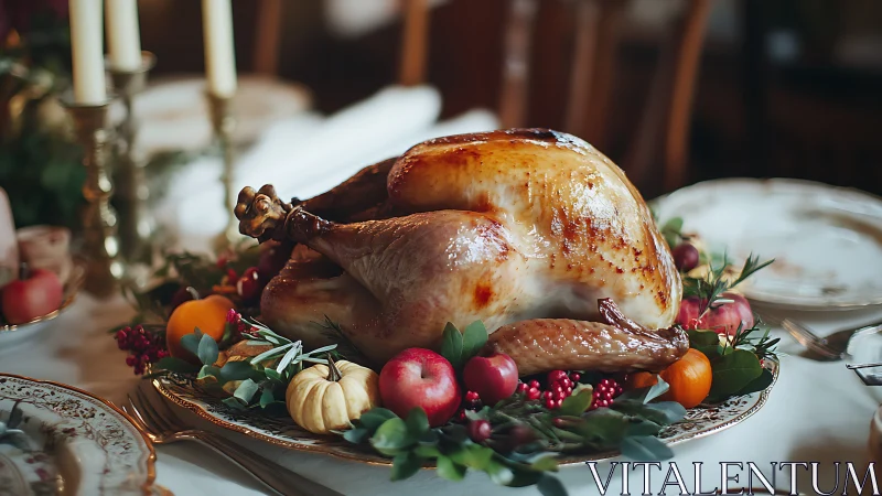 Photorealistic roast turkey centerpiece on garnished holiday table.