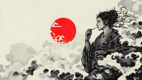 Samurai silhouette in monochrome ink clouds, red rising sun