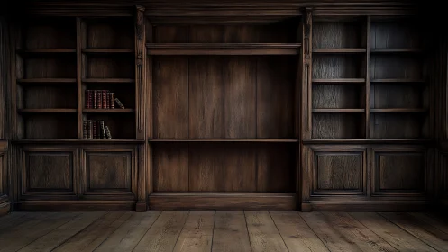 Dark wood library shelves with sparse vintage books.