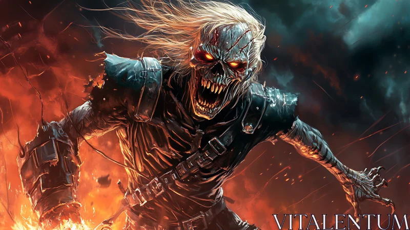 Fiery skeletal warrior charges forward through swirling flames