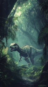 Predatory theropod rendered in misty, high-contrast jungle depth