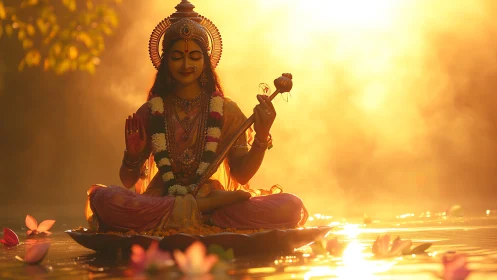 Radiant lotus goddess bathing dawnlight in quiet blessing.