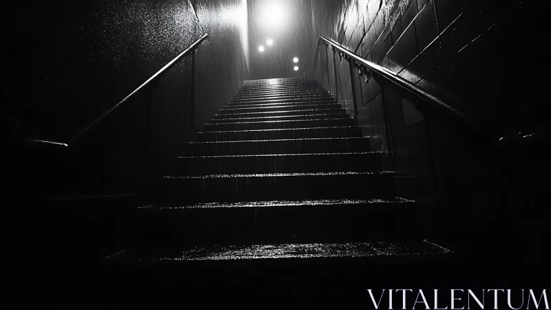 Rain-soaked stairwell ascends toward overexposed street lighting