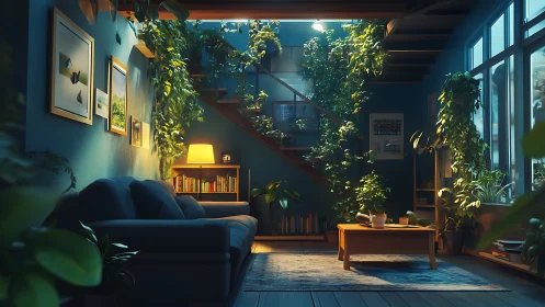 Cozy blue living room with lush indoor staircase garden.