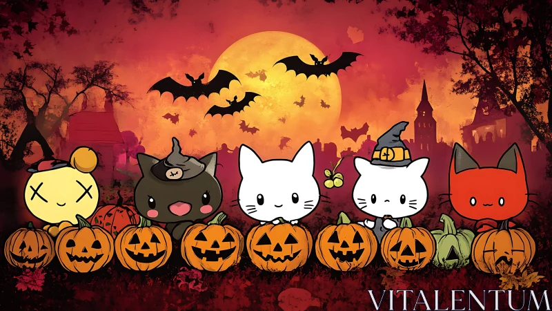 Cartoon Characters Arranged Before Full Moon With Bats and Silhouetted Pumpkins