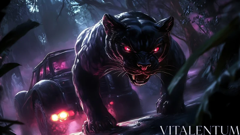 Neon-Eyed Panther Prowls Fog-Shrouded Forest With Glowing Vehicle.