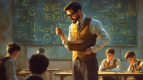 Vintage classroom scene captures focused learning moment.