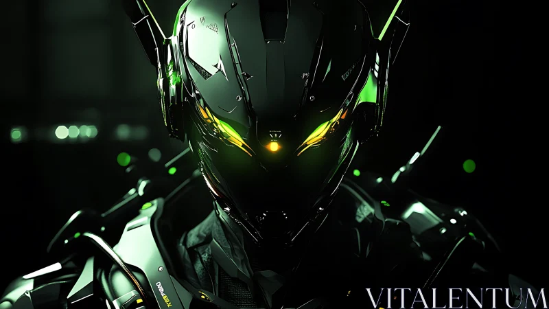 Neon phantom mech stares through the dark with emerald fire.