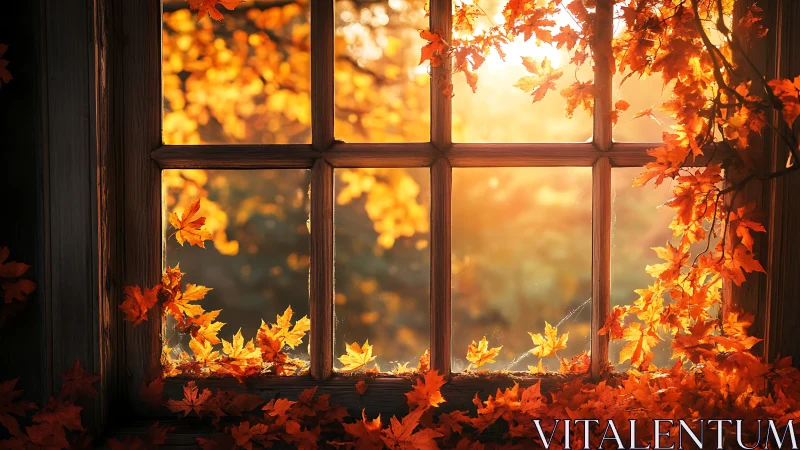 Autumn foliage framed by wooden window at low warm sunlight.