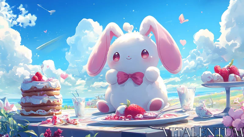 Strawberry picnic bunny glows under bright coastal sky.
