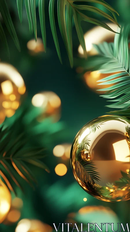 3D tropical ornament study with reflective gold spheres.
