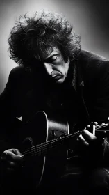 Shadow-swept guitarist cradles melodies in sculpted light.