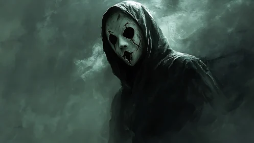 Mysterious hooded figure emerging through swirling fog.