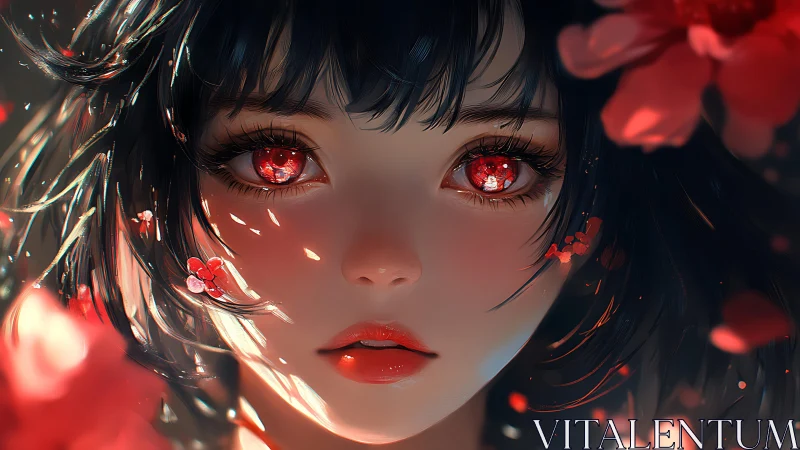 Crimson eyed girl in soft bokeh petals, hyper detailed portrait