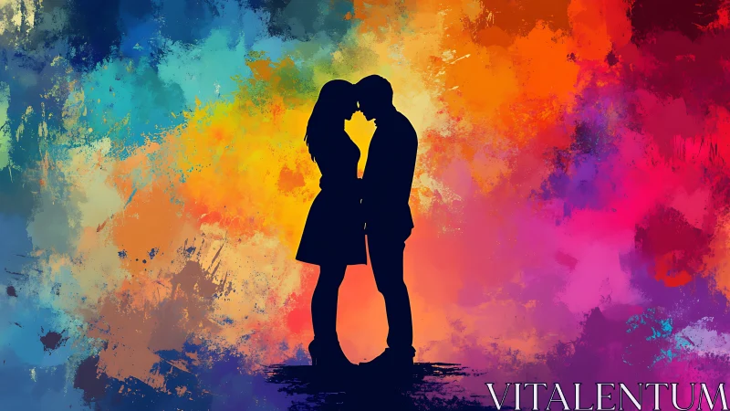 Silhouetted Kiss Against Explosive Watercolor Palette.