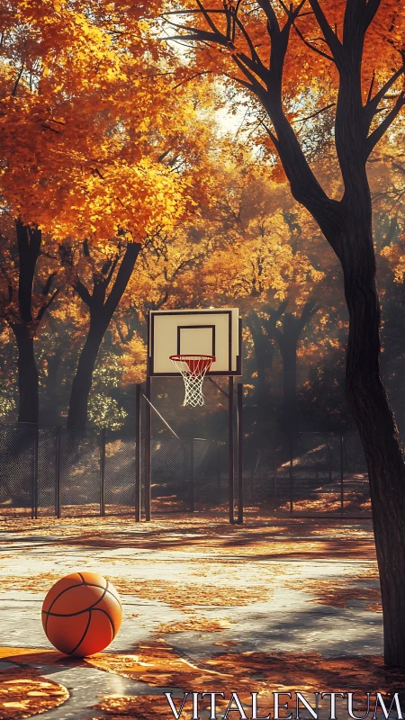 Autumn court hush where a lone basketball waits for echoes.