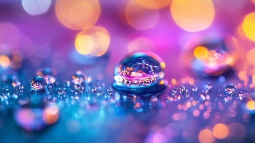 Prismatic dew orbs dancing under neon twilight bokeh.