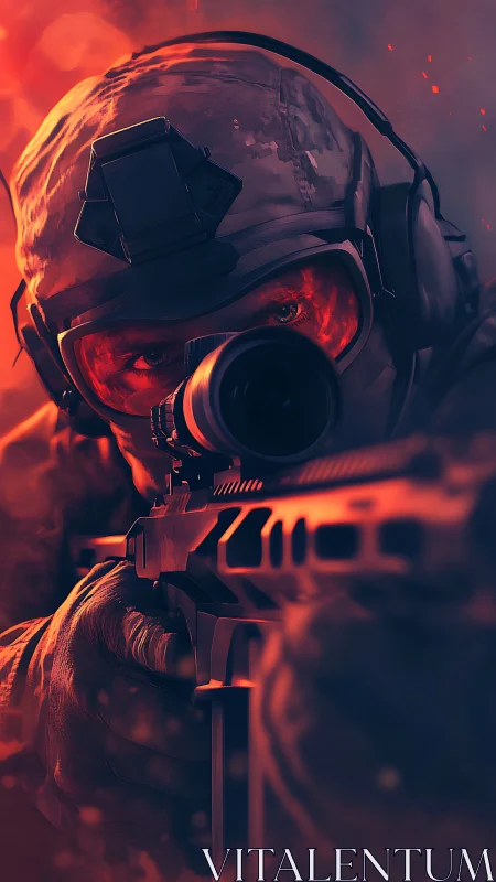 Tactical sniper aims through scope in fiery combat haze.