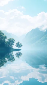 Solitary lakeside tree reflects in calm misty mountain water
