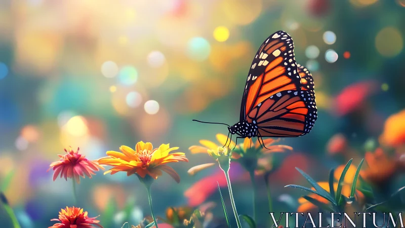 Monarch butterfly pauses on glowing wildflowers at sunrise.