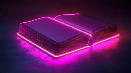 Neon outlined open book with glowing magenta edges.