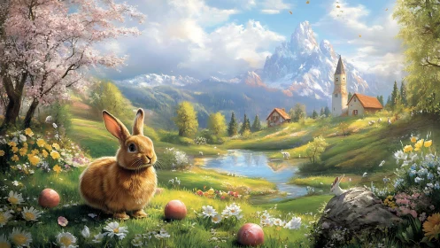 Springtime rabbit dreams in a storybook alpine valley meadow.