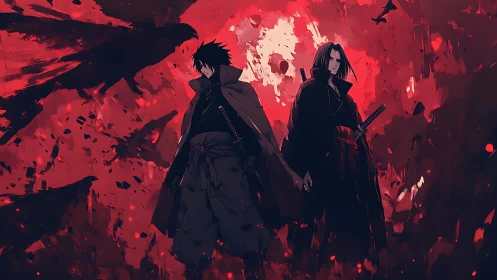 Anime samurai brothers in crimson crow storm composition.