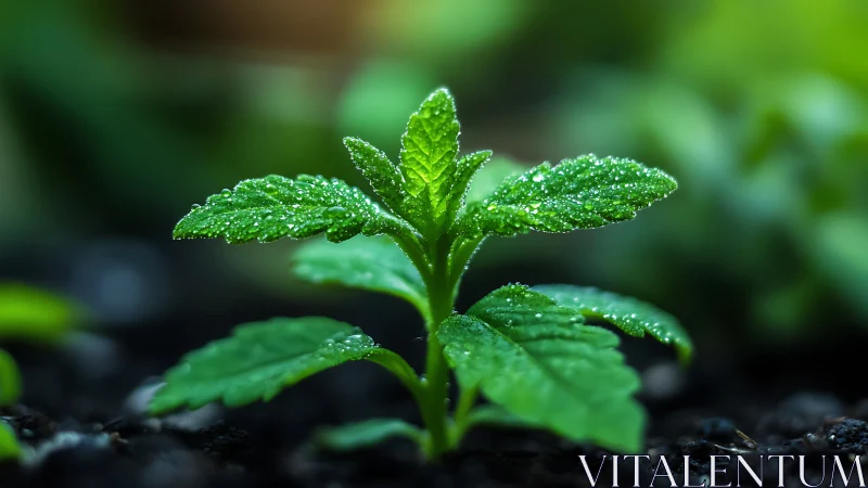 Macro analysis of dew-coated seedling under shallow focus.