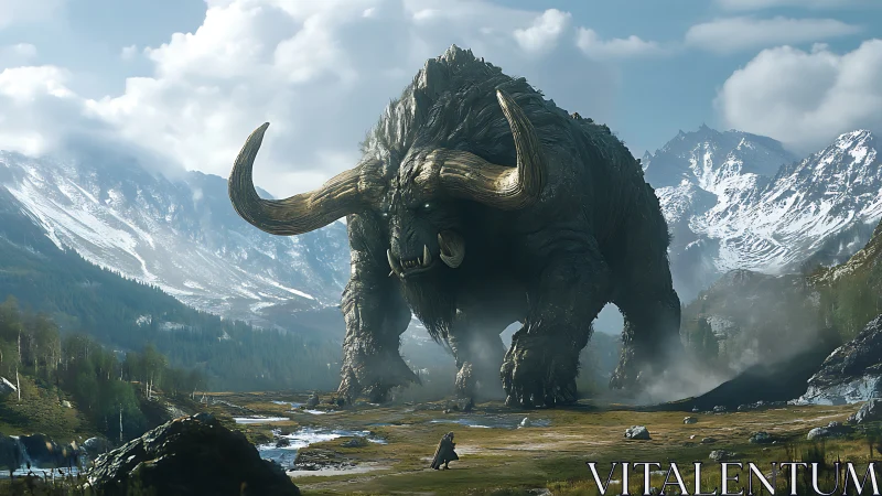 Colossal horned beast dominating misty alpine valley.